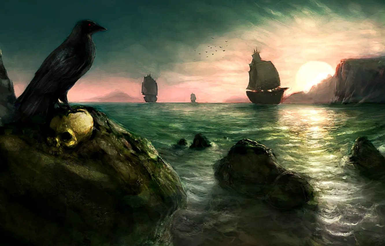 Фото обои море, солнце, скалы, птица, рисунок, череп, парусник, корабли