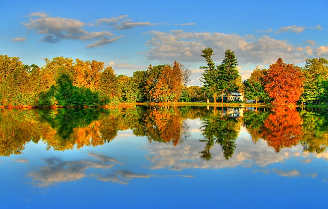 Фото обои осень, лес, небо, облака, деревья, озеро, река, настроение