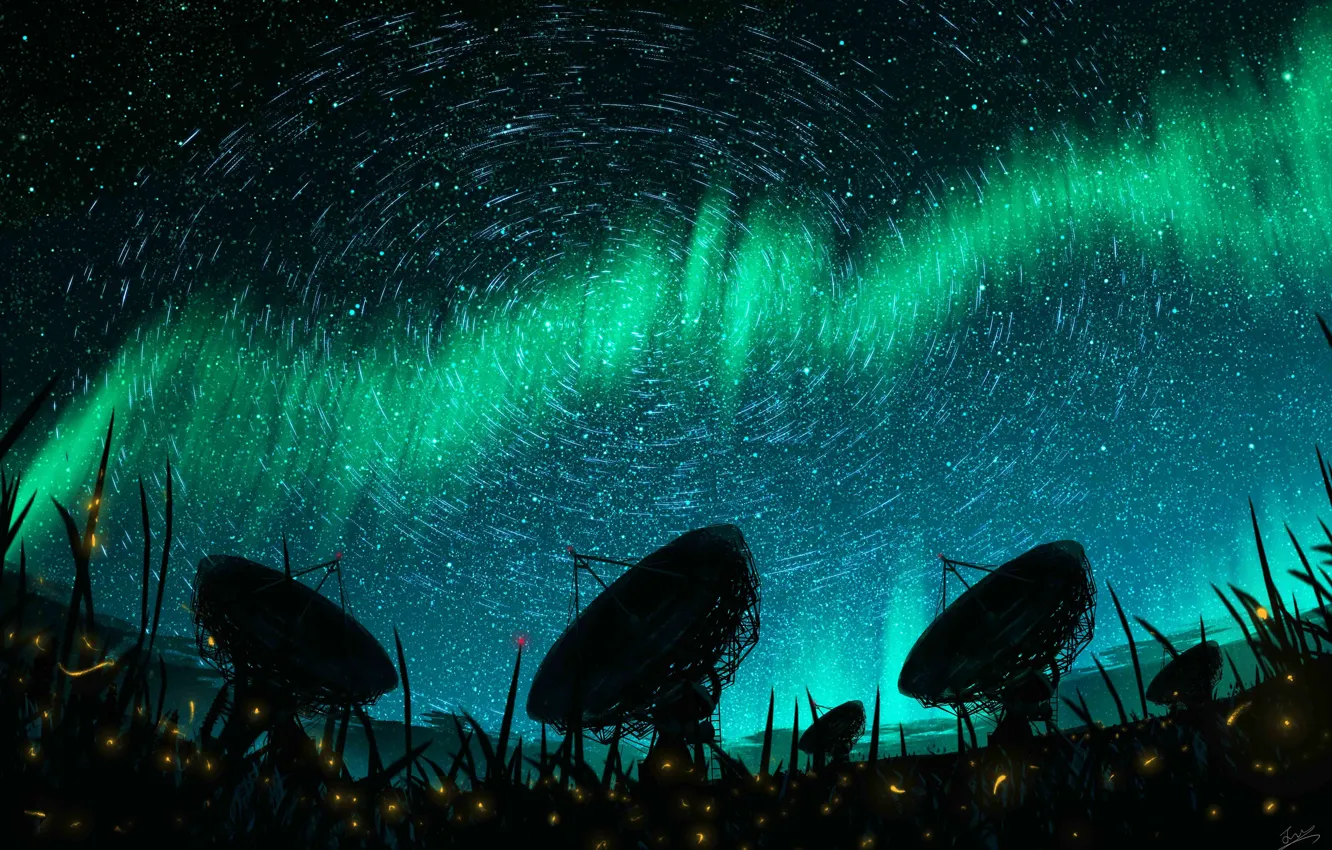 Фото обои небо, трава, ночь, светлячки, северное сияние, радиотелескопы