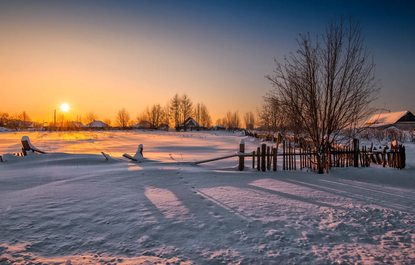 Фото обои зима, пейзаж, закат, дом