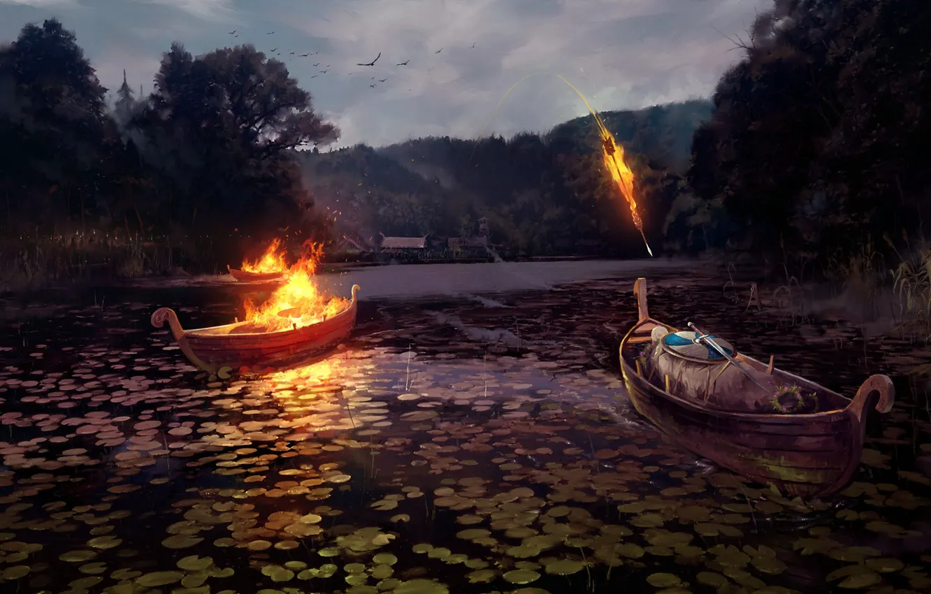 Фото обои лодка, ритуал, воин, стрела, A Warriors End