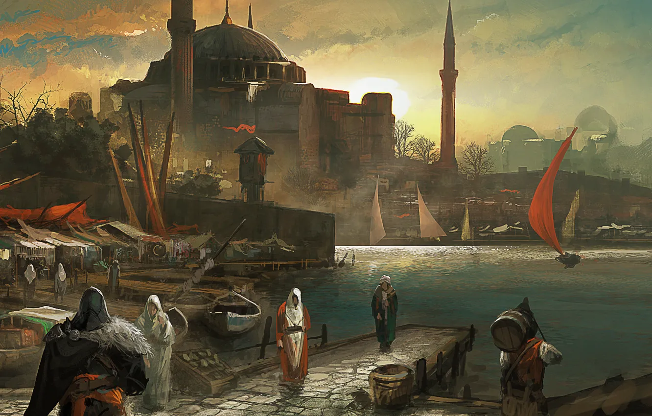 Фото обои город, рынок, assassin's creed, эцио, revelations, Port, Constantinople