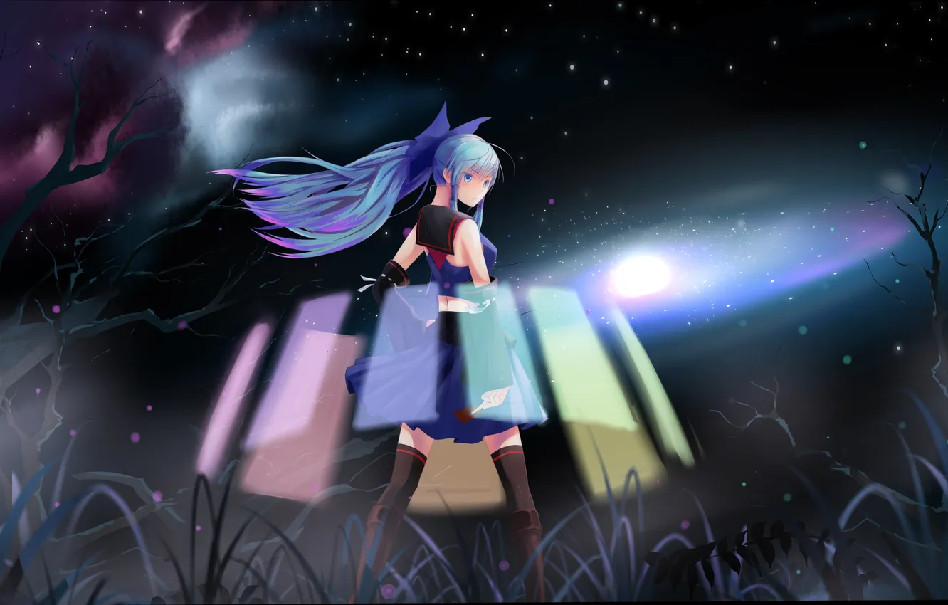 Фото обои трава, девушка, космос, звезды, ночь, аниме, арт, mrblackcat