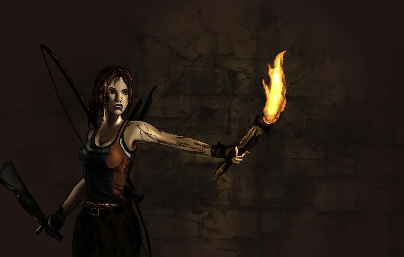 Фото обои девушка, факел, Tomb Raider, пещера, лара крофт