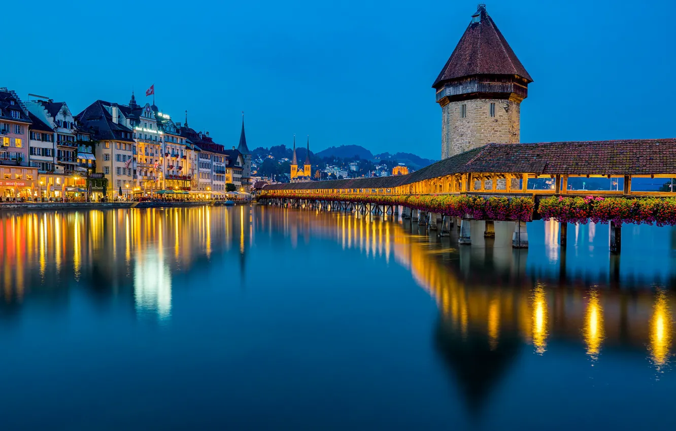 Фото обои мост, отражение, река, здания, башня, Швейцария, ночной город, Switzerland