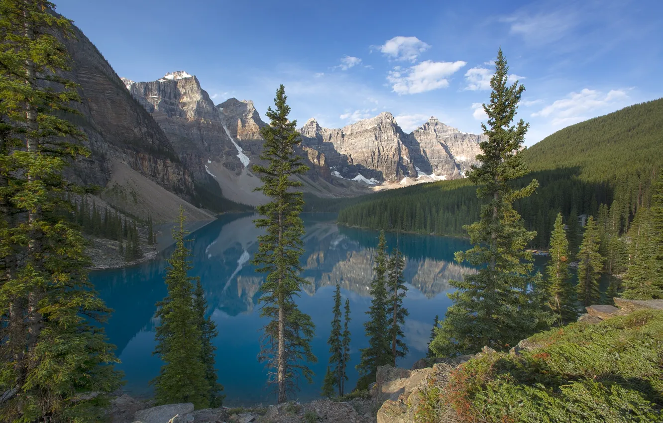 Фото обои лес, деревья, горы, Канада, Banff National Park, Canada, Moraine Lake, Valley of the Ten Peaks