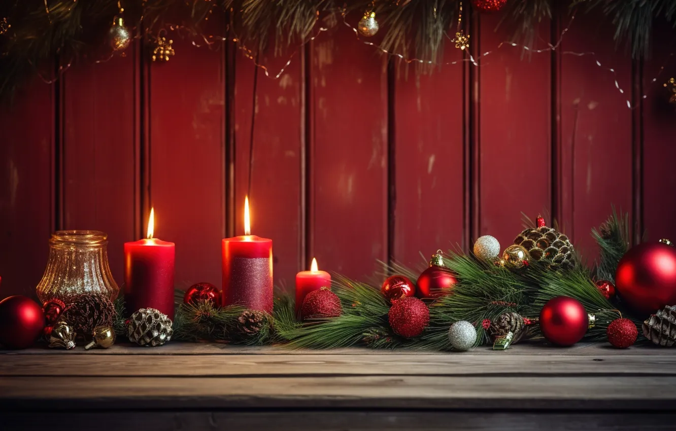 Фото обои украшения, шары, свечи, Новый Год, Рождество, red, new year, Christmas
