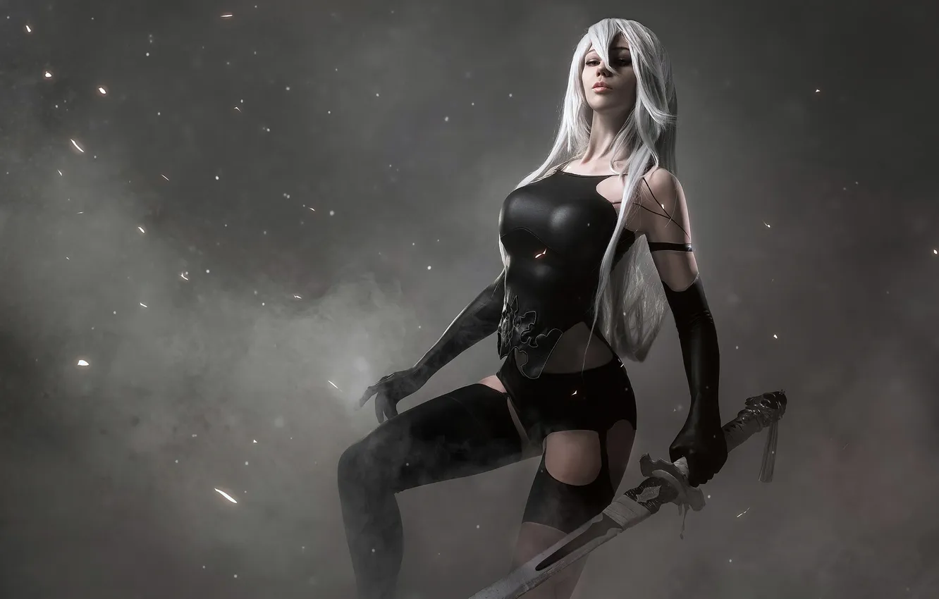 Фото обои игра, меч, костюм, образ, парик, героиня, косплей, Nier Automata