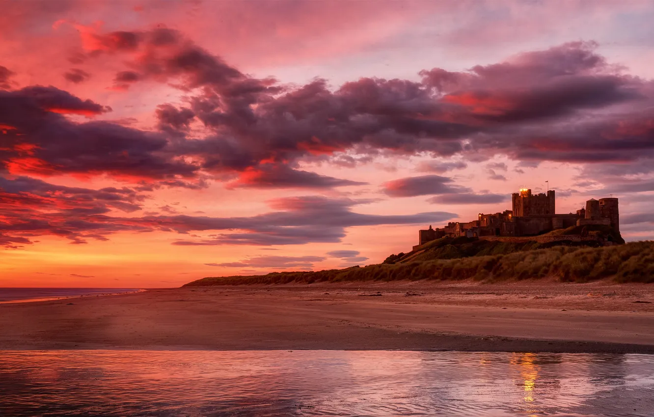 Фото обои песок, море, закат, замок, берег