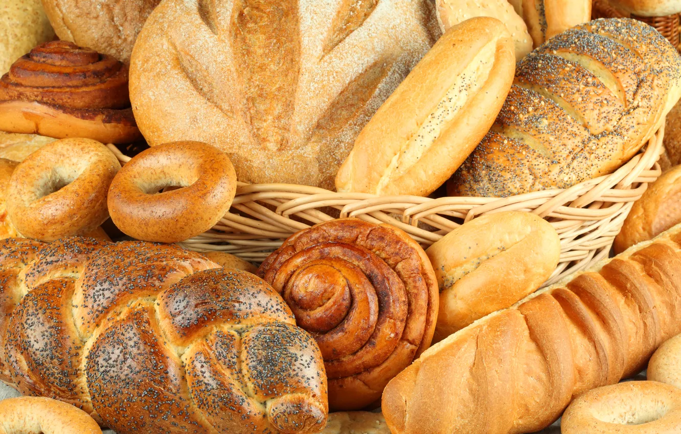 Фото обои корзина, хлеб, выпечка, булка, сушки, батон, крендель