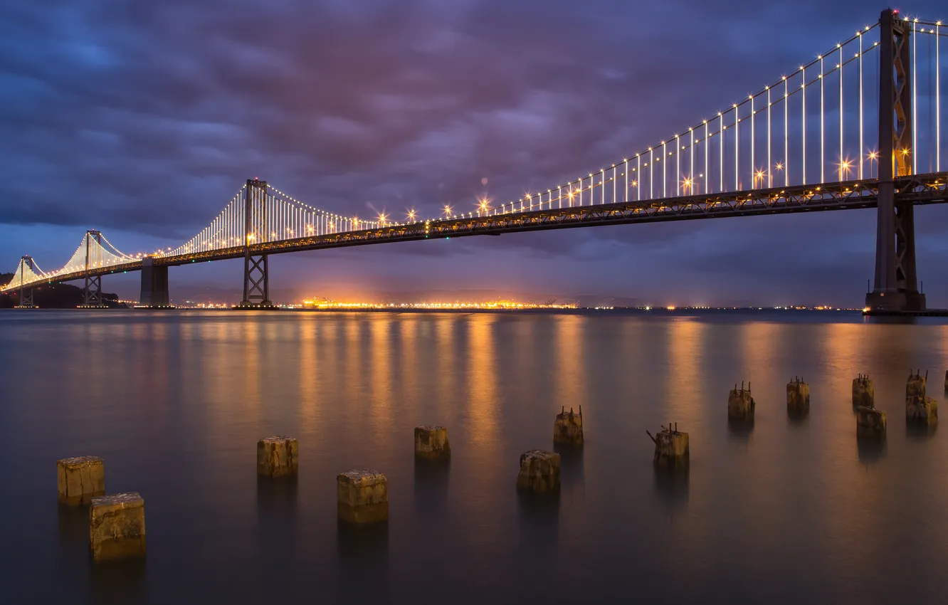 Фото обои мост, огни, вечер, San Francisco, Bay Bridge, South Beach, Dusk
