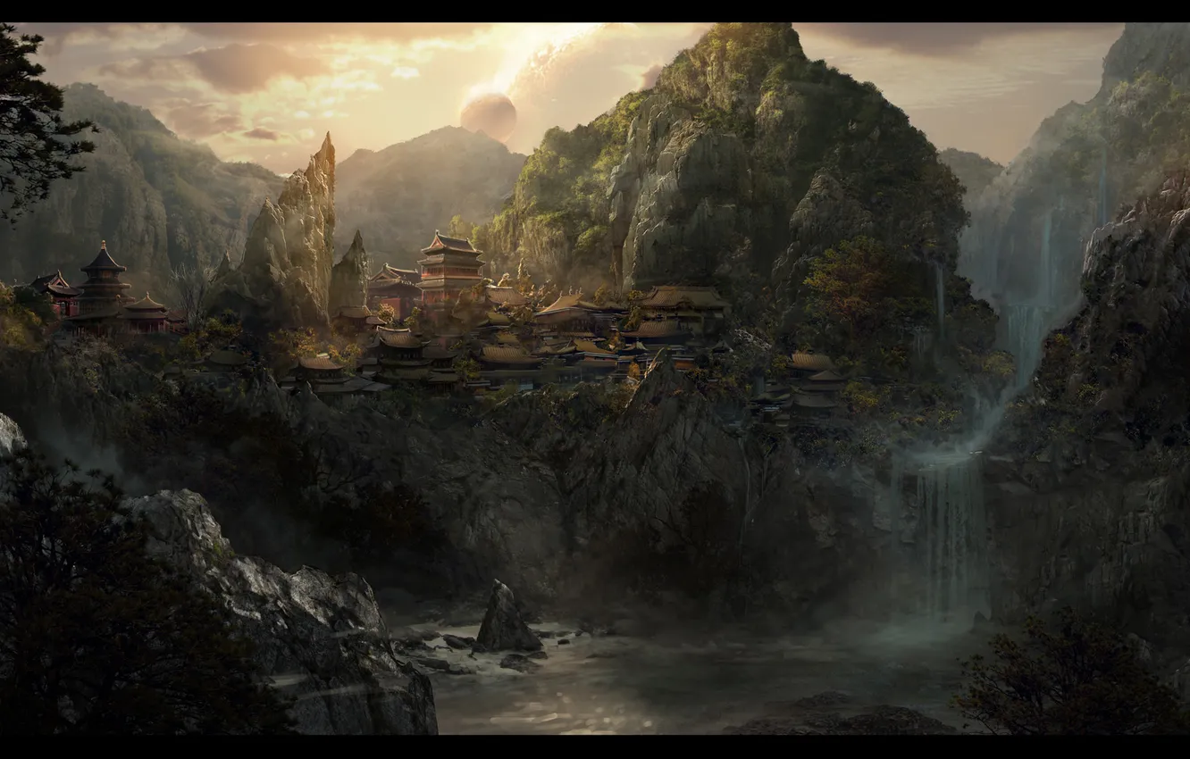 Фото обои деревья, горы, замок, водопад, джунгли, восток