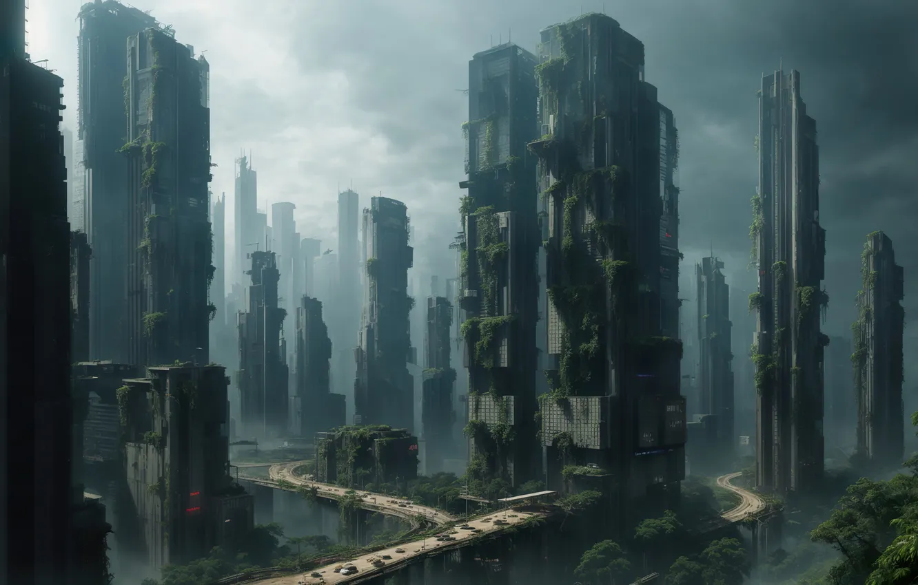 Фото обои city, future, landscape, art, fantastic, cyberpunk, digital art, abandoned