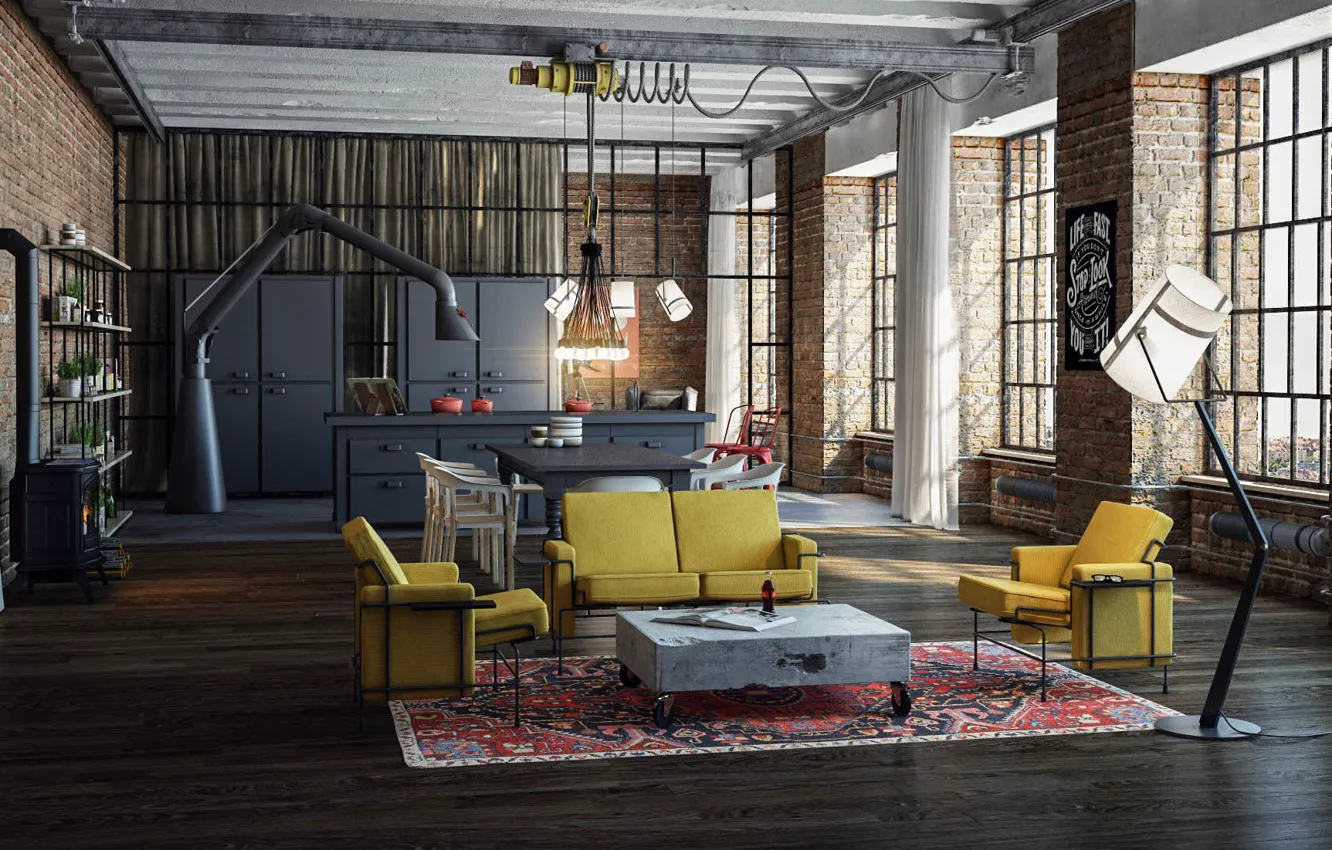 Фото обои стиль, интерьер, столовая, гостиная, кухня, дизайн, Industrial Loft