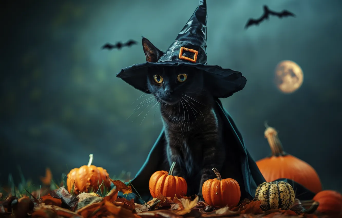 Фото обои Ночь, Кошка, Луна, Кот, Тыквы, Halloween, Шляпа, Хэллоуин