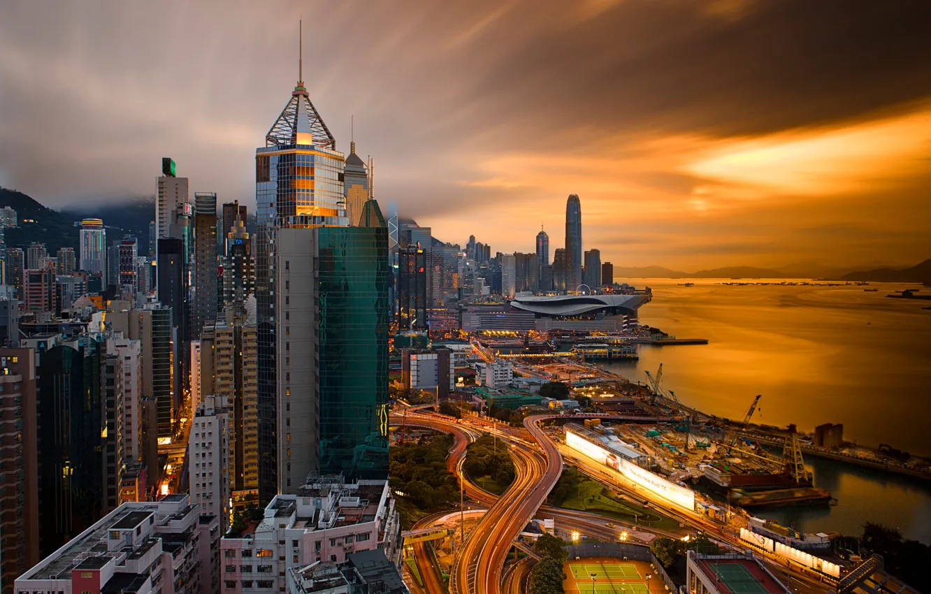 Фото обои небо, Гонконг, вечер, выдержка, порт, Китай, Hong Kong, КНР