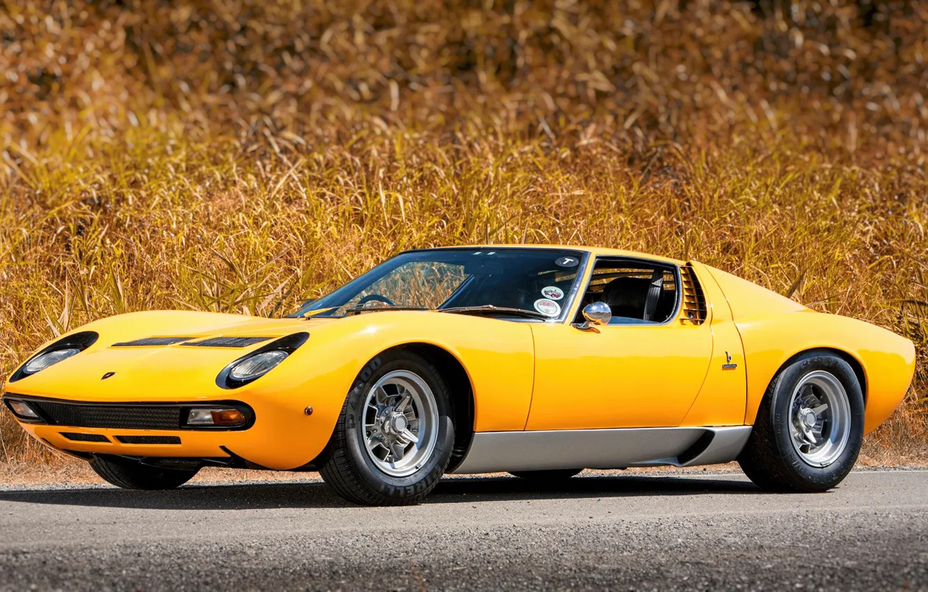 Фото обои Цвет, Авто, Желтый, Трава, Lamborghini, Машина, 1971, Фары