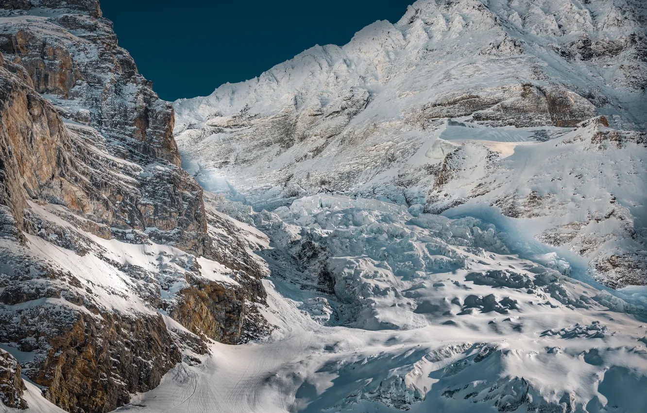 Фото обои солнце, снег, горы, камни, скалы, Швейцария, Альпы, Eigergletscher