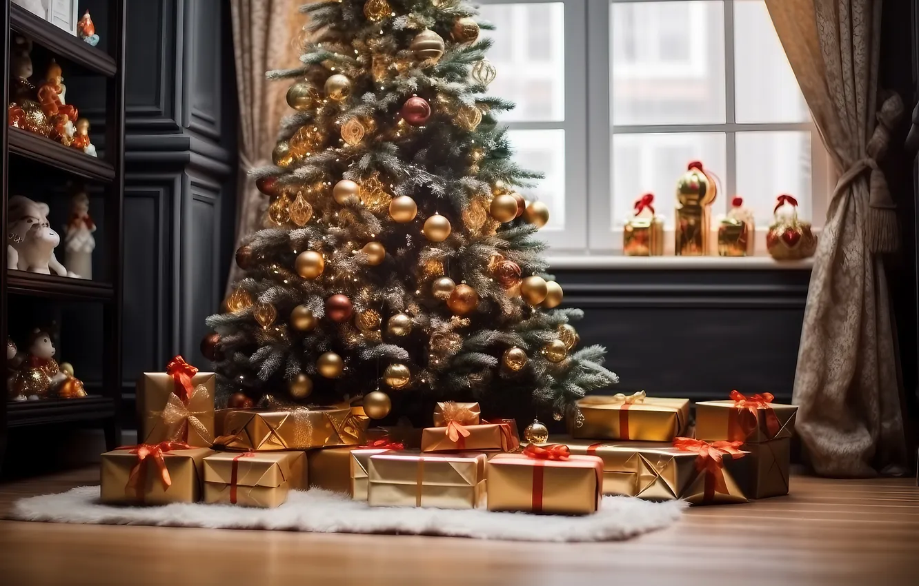 Фото обои украшения, комната, елка, интерьер, Рождество, подарки, Новый год, Christmas