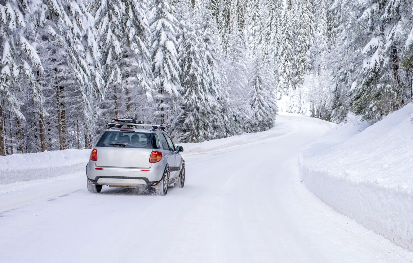 Фото обои зима, дорога, car, снег, деревья, пейзаж, елки, forest