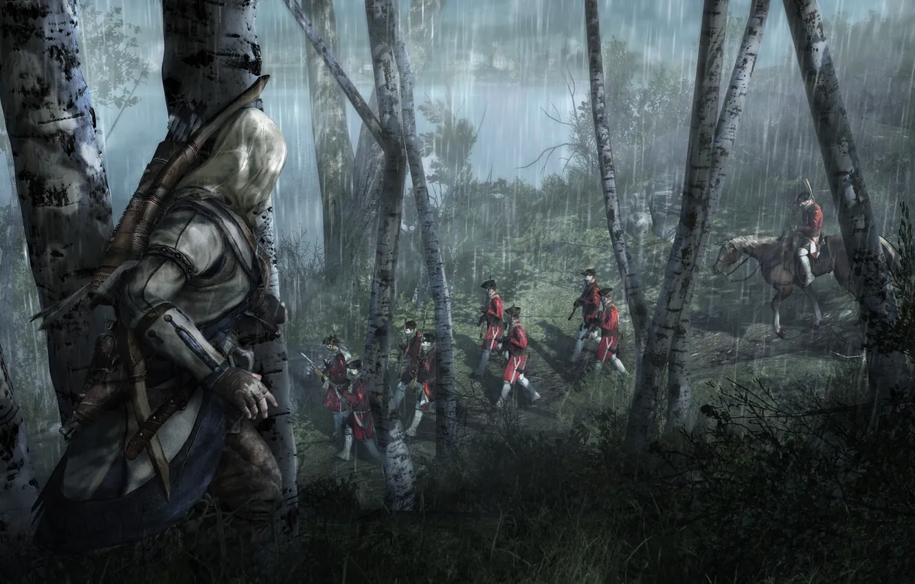 Фото обои лес, ночь, дождь, солдаты, Кредо Убийцы 3, Assassin’s Creed III, Коннор Кенуэй