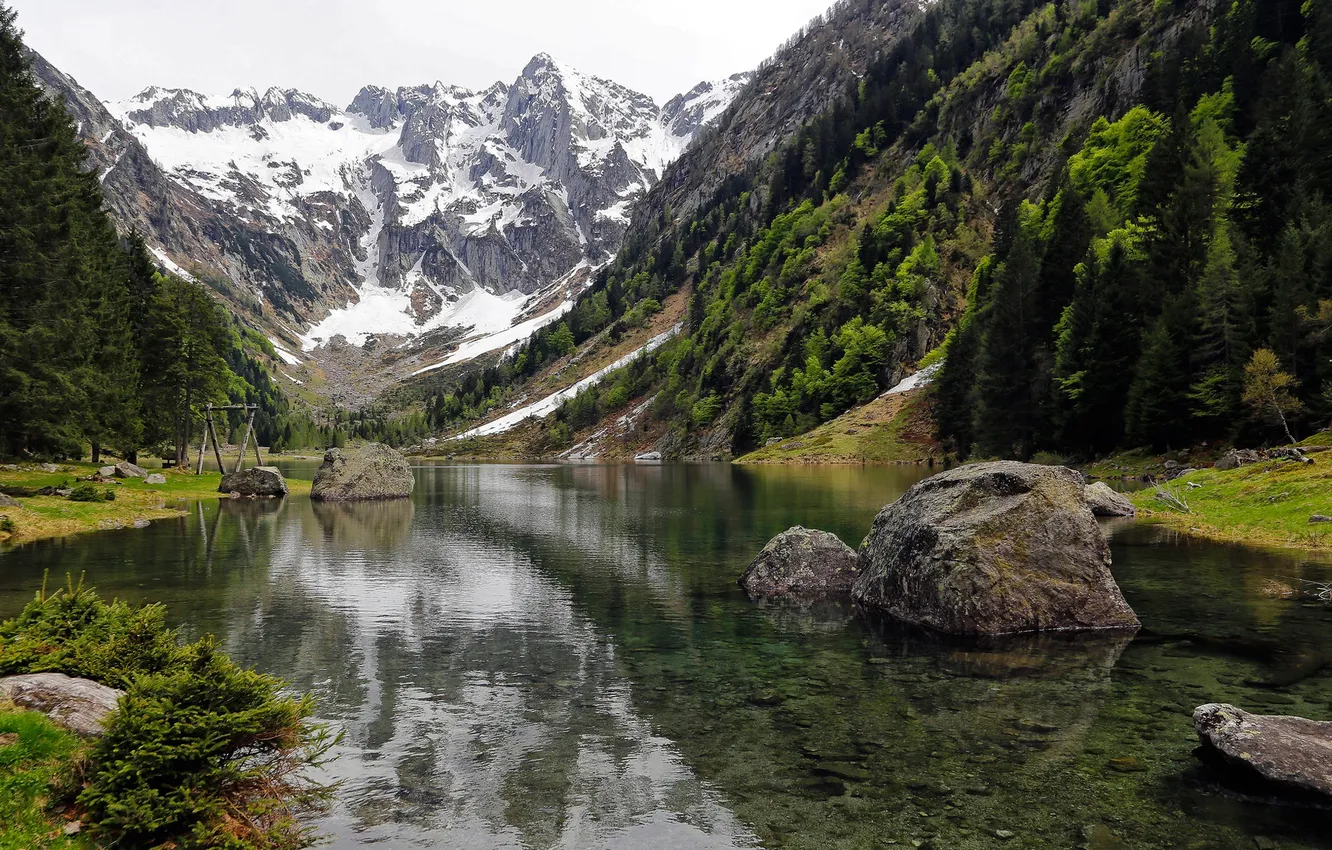 Фото обои снег, горы, озеро, камни