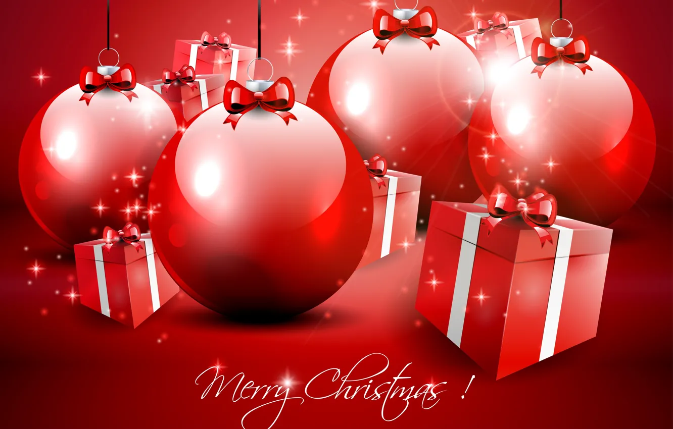 Фото обои ленты, шары, подарки, коробки, ёлочные украшения, merry christmas