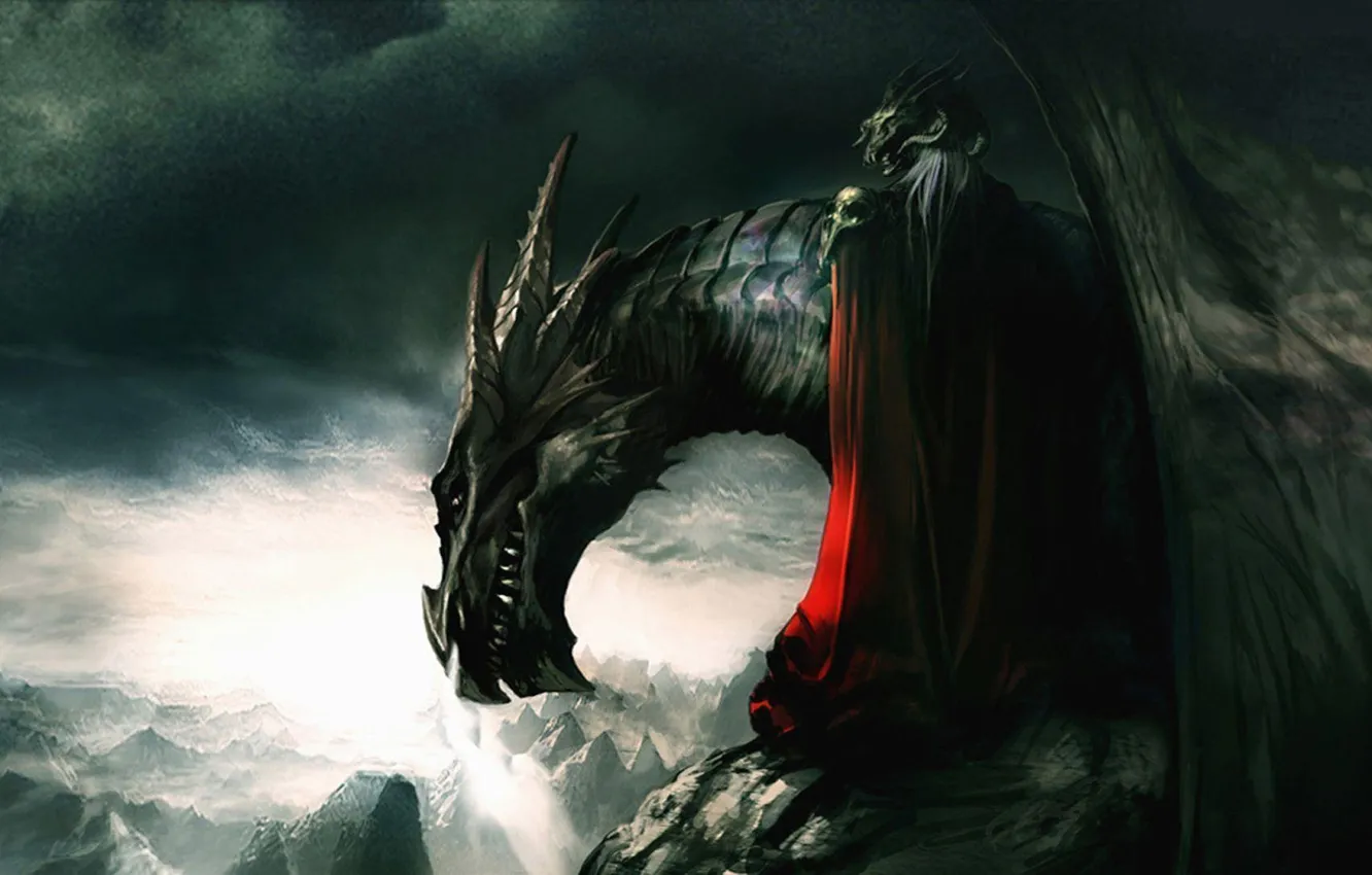 Фото обои fantasy, mountains, rocks, dragon