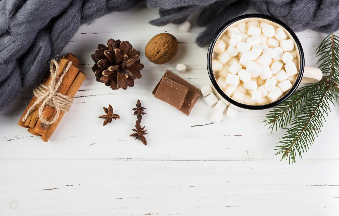 Фото обои зима, шарф, корица, chocolate, горячий шоколад, анис звёздчатый, Decoration