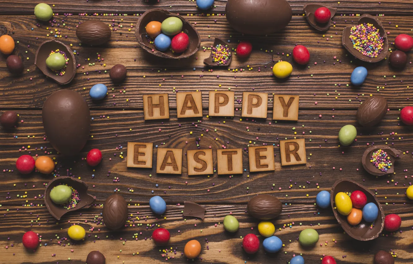 Фото обои праздник, шоколад, colorful, Пасха, happy, wood, chocolate, Easter