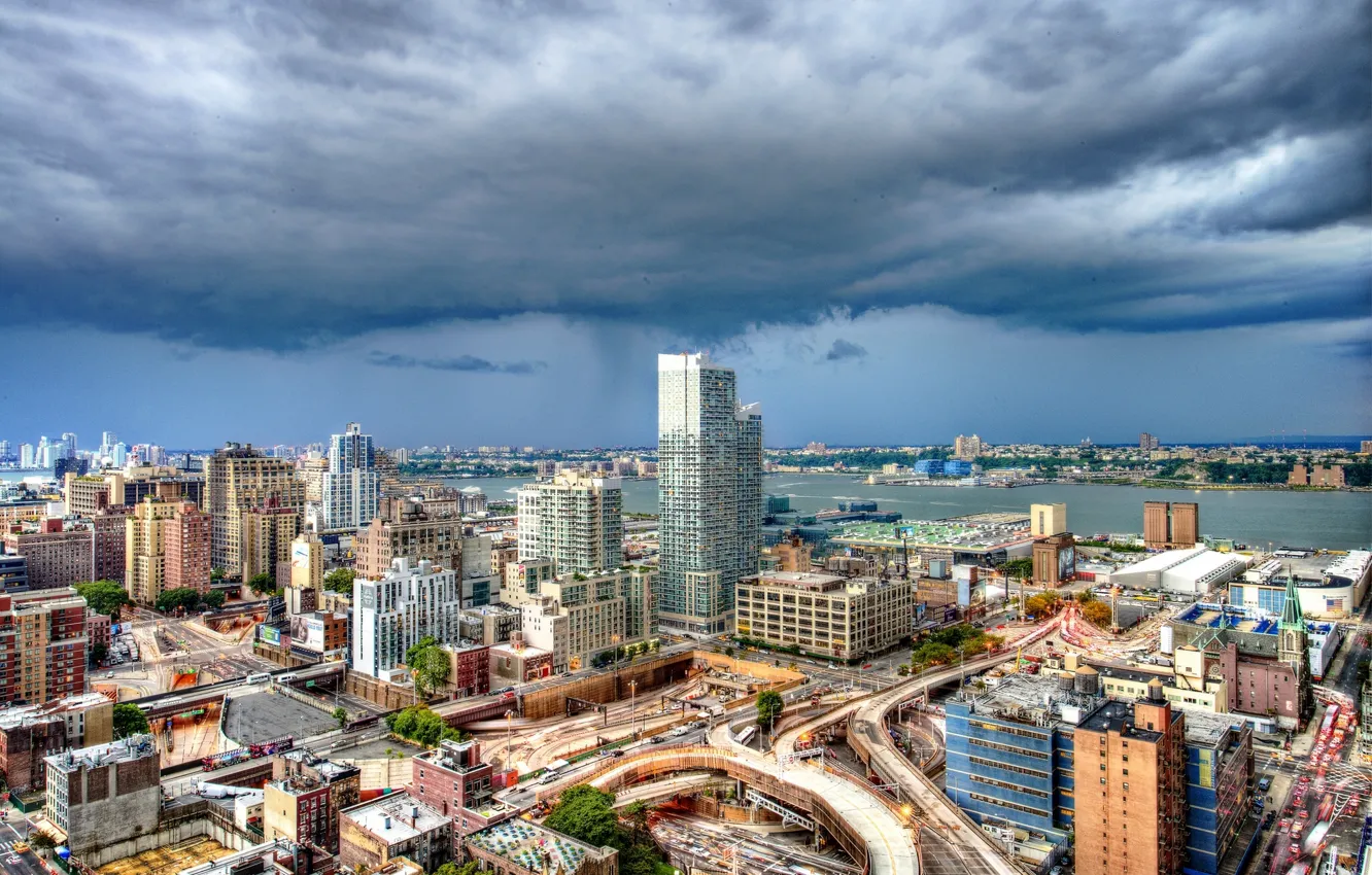 Фото обои облака, здания, Нью-Йорк, панорама, Манхэттен, Manhattan, New York City, Hudson River