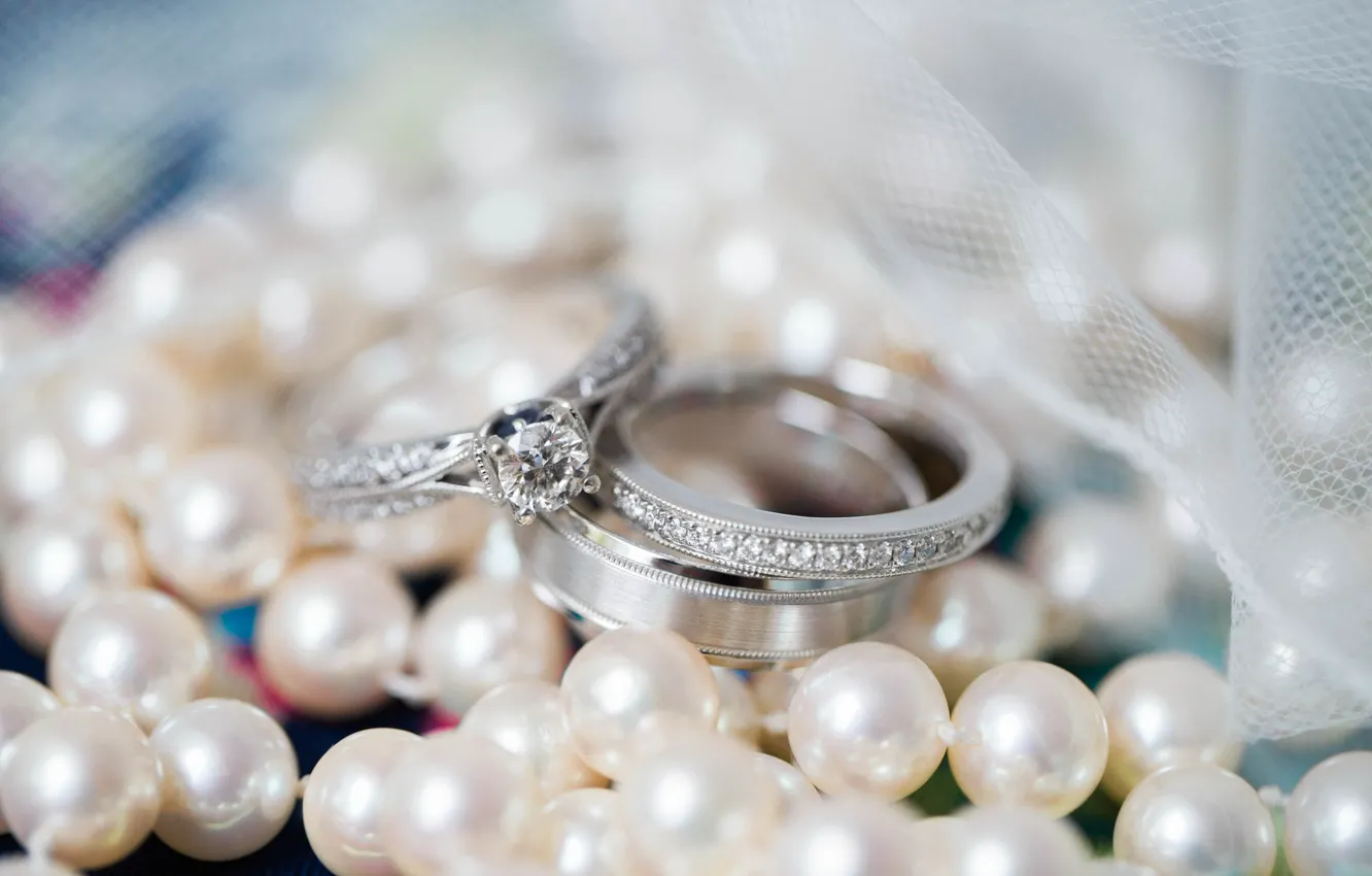 Фото обои макро, кольца, лента, жемчуг, свадьба, помолвка