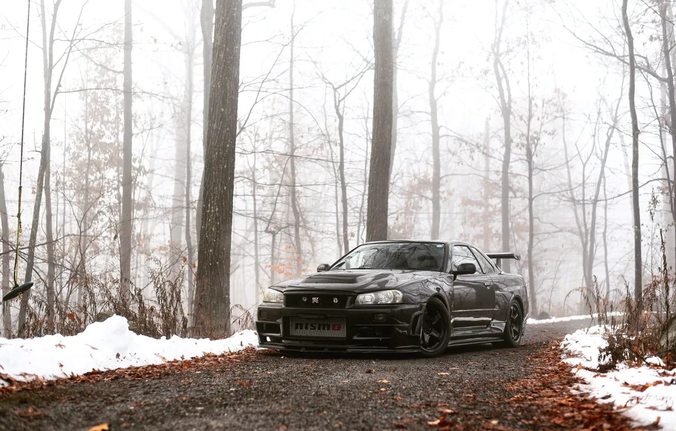 Фото обои GTR, Nissan, Winter, Black, Snow, Autumn, R34, Forest