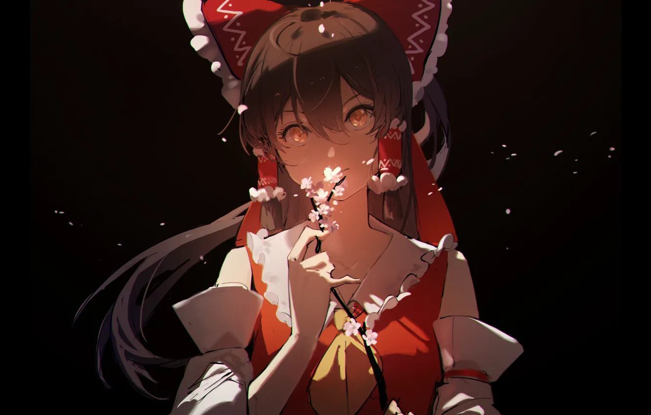 Фото обои цветы, веточка, сакура, Touhou Project, Reimu Hakurei