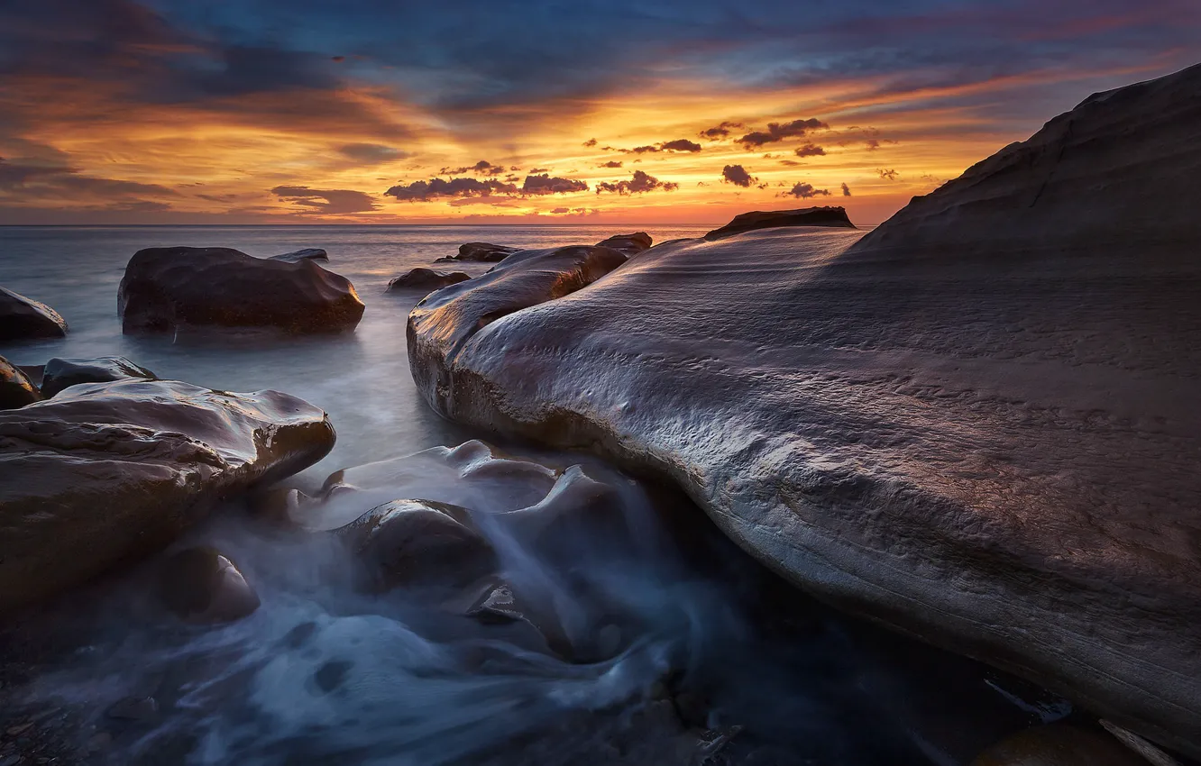 Фото обои море, закат, скалы