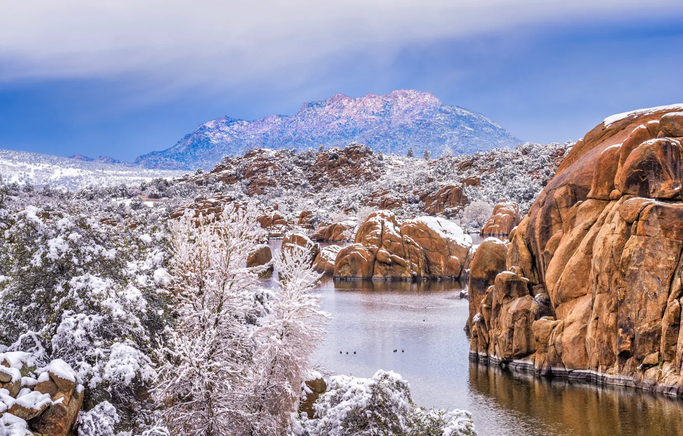 Фото обои снег, горы, скалы, Аризона, США, Granite Dells