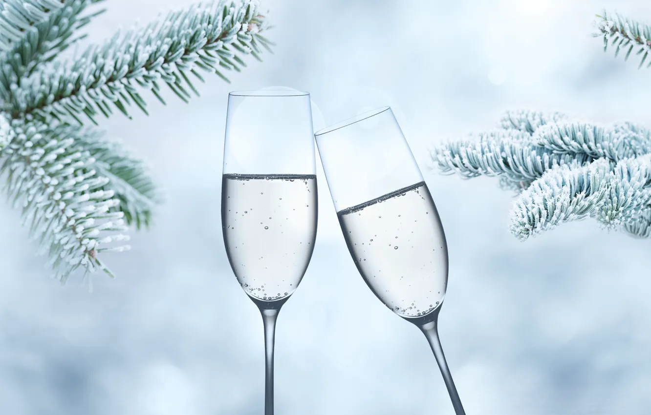 Фото обои зима, снег, ветки, елка, Новый Год, бокалы, мороз, шампанское