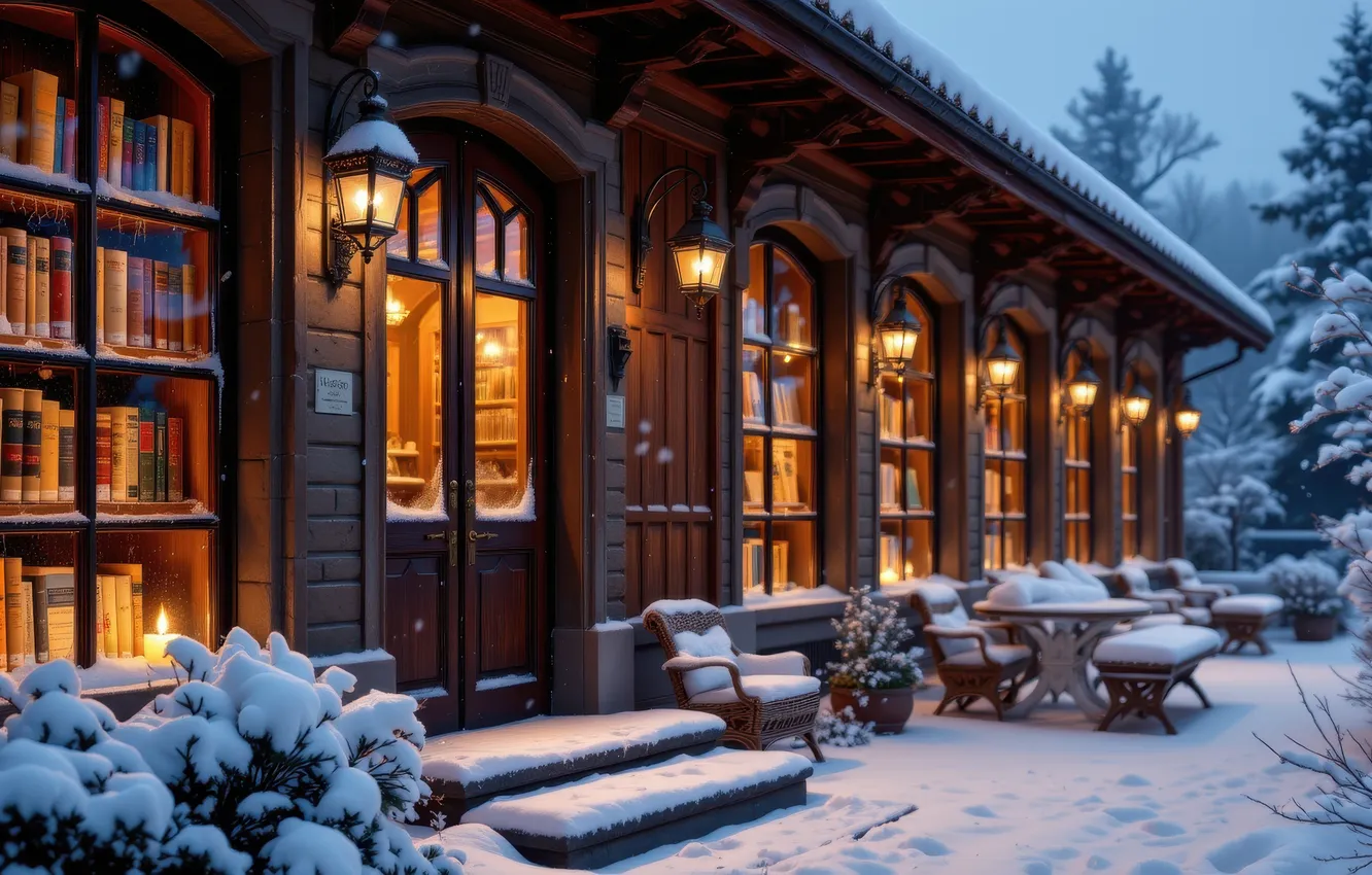 Фото обои зима, иней, снег, ночь, новый год, Рождество, фонари, сугробы