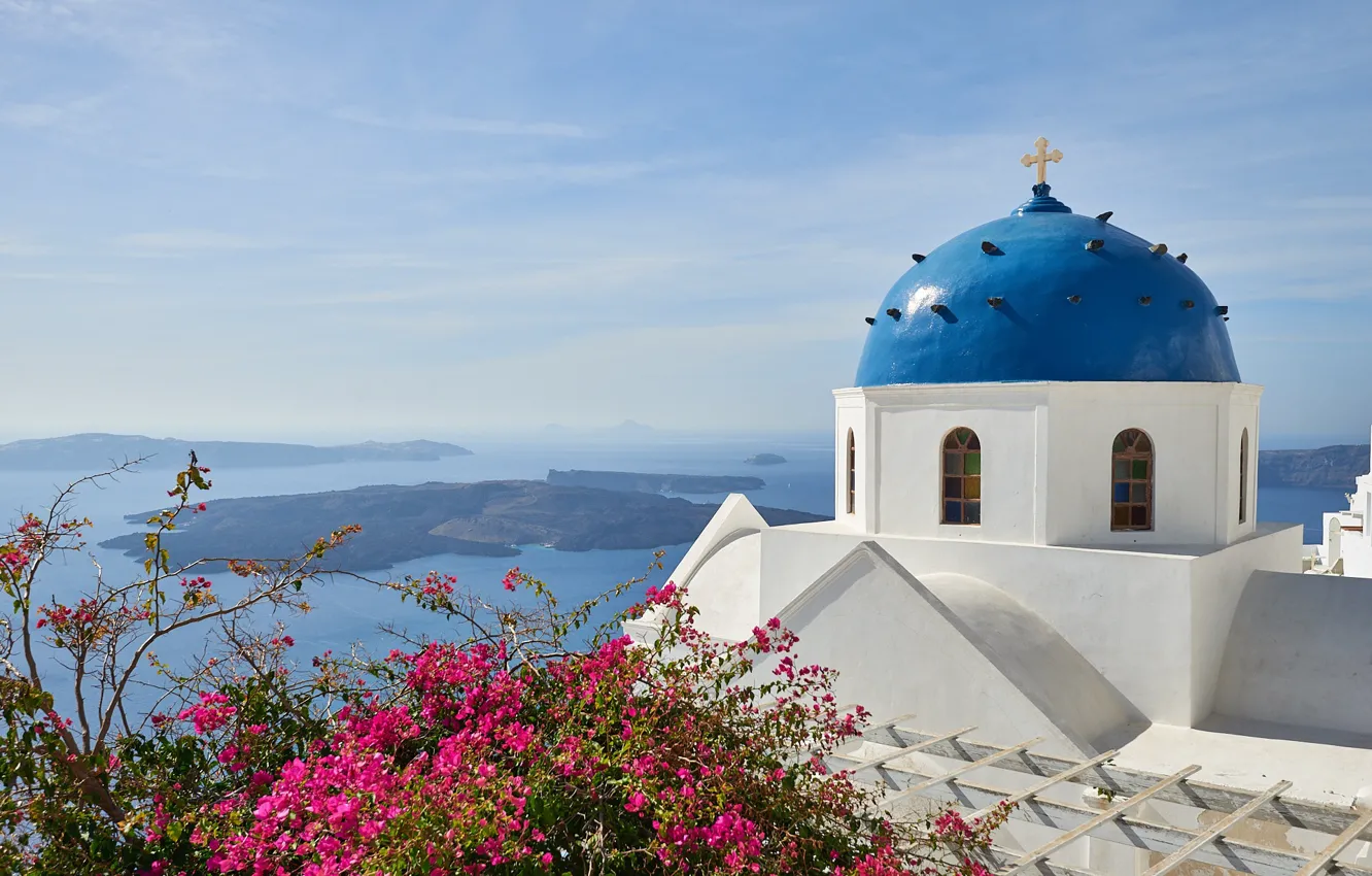 Фото обои море, острова, Санторини, Греция, церковь, купол, Santorini, Greece