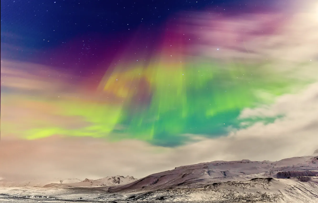 Фото обои зима, небо, цвета, звезды, облака, горы, северное сияние, Норвегия