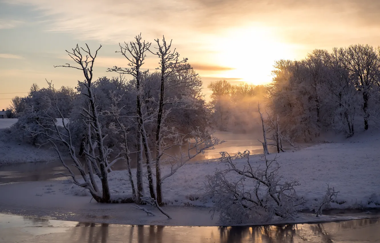 Фото обои зима, река, утро