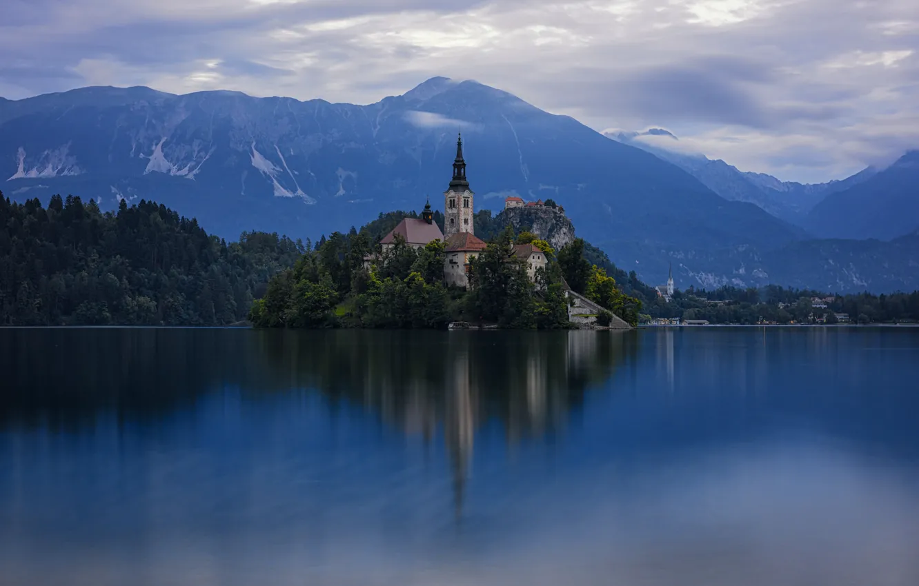 Фото обои озеро, остров, церковь, Словения, Slovenia, Блед