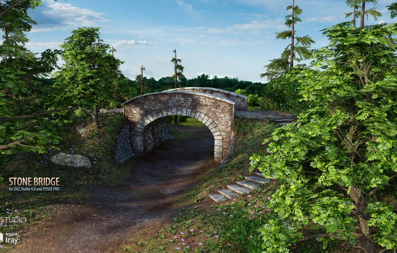 Фото обои лес, мост, растительность, ступени, Stone Bridge