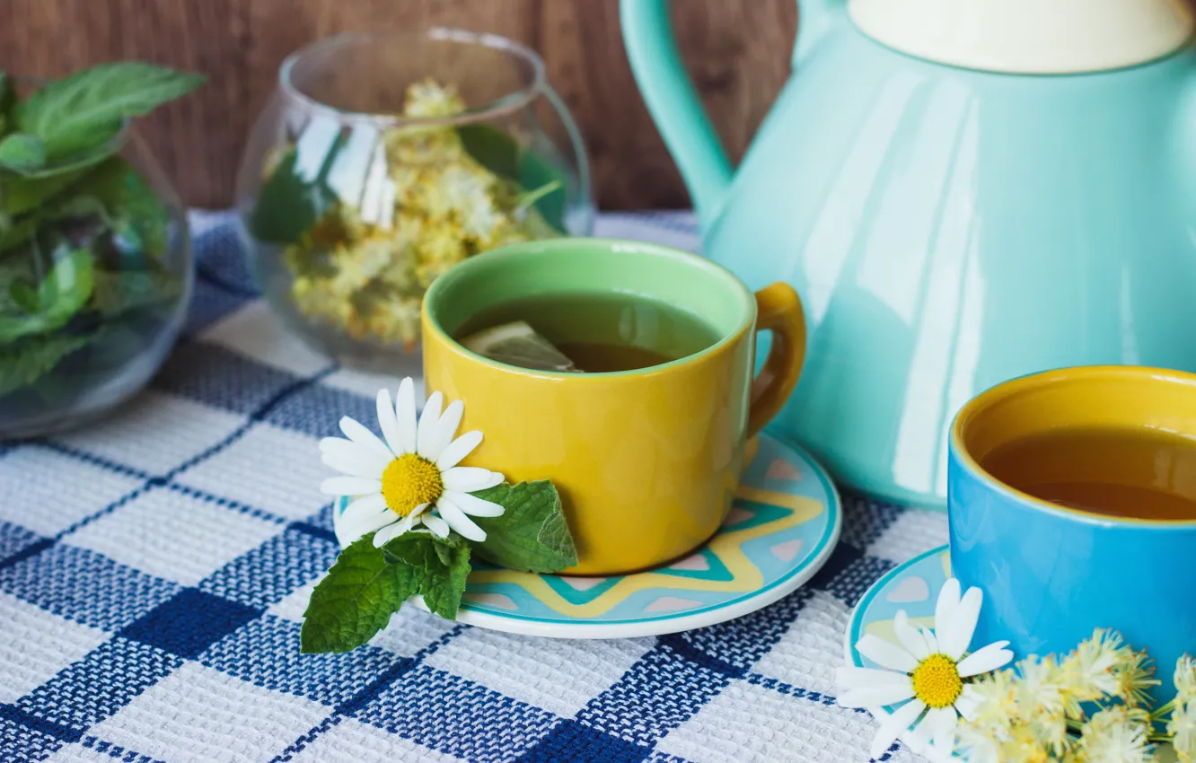 Фото обои лимон, чай, ромашка, чашка, lemon, травы, wood, cup
