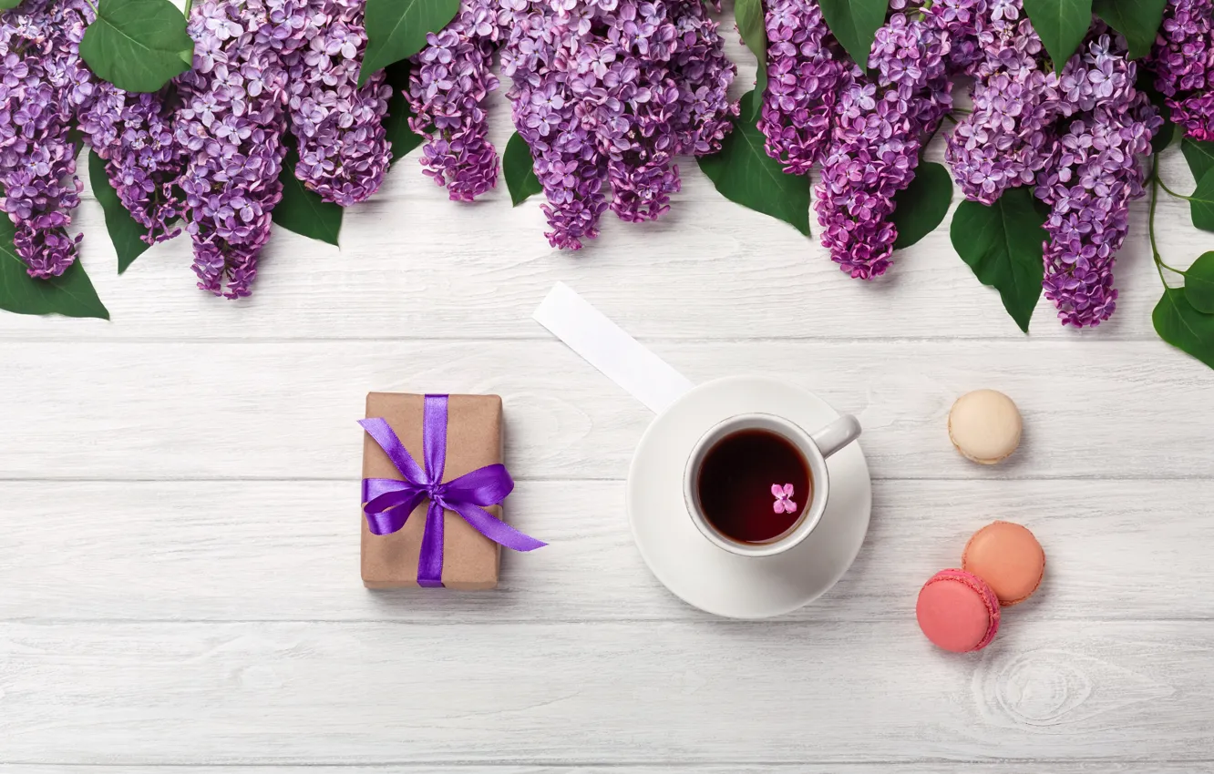 Фото обои цветы, flowers, сирень, romantic, coffee cup, spring, purple, macarons