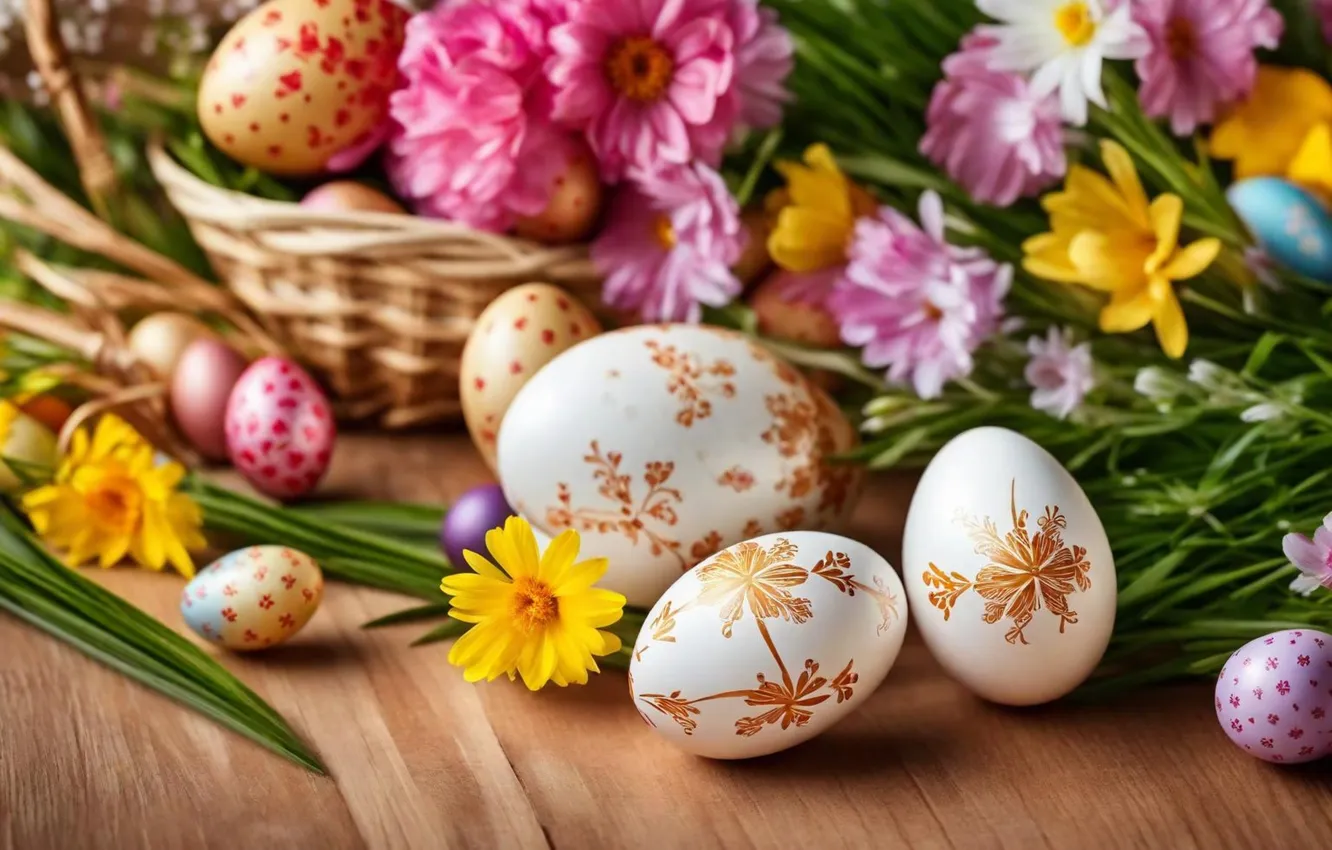 Фото обои цветы, яйца, весна, colorful, Пасха, happy, flowers, spring