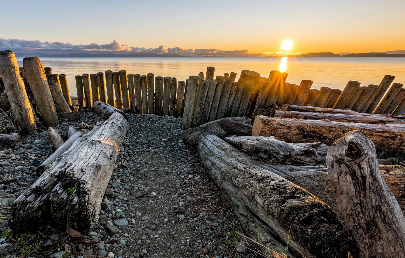 Фото обои небо, солнце, облака, лучи, свет, деревья, закат, галька