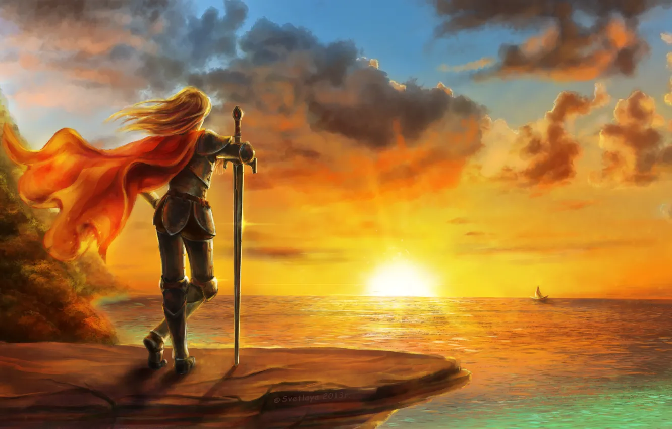 Фото обои море, девушка, закат, ветер, парусник, меч, арт, плащ