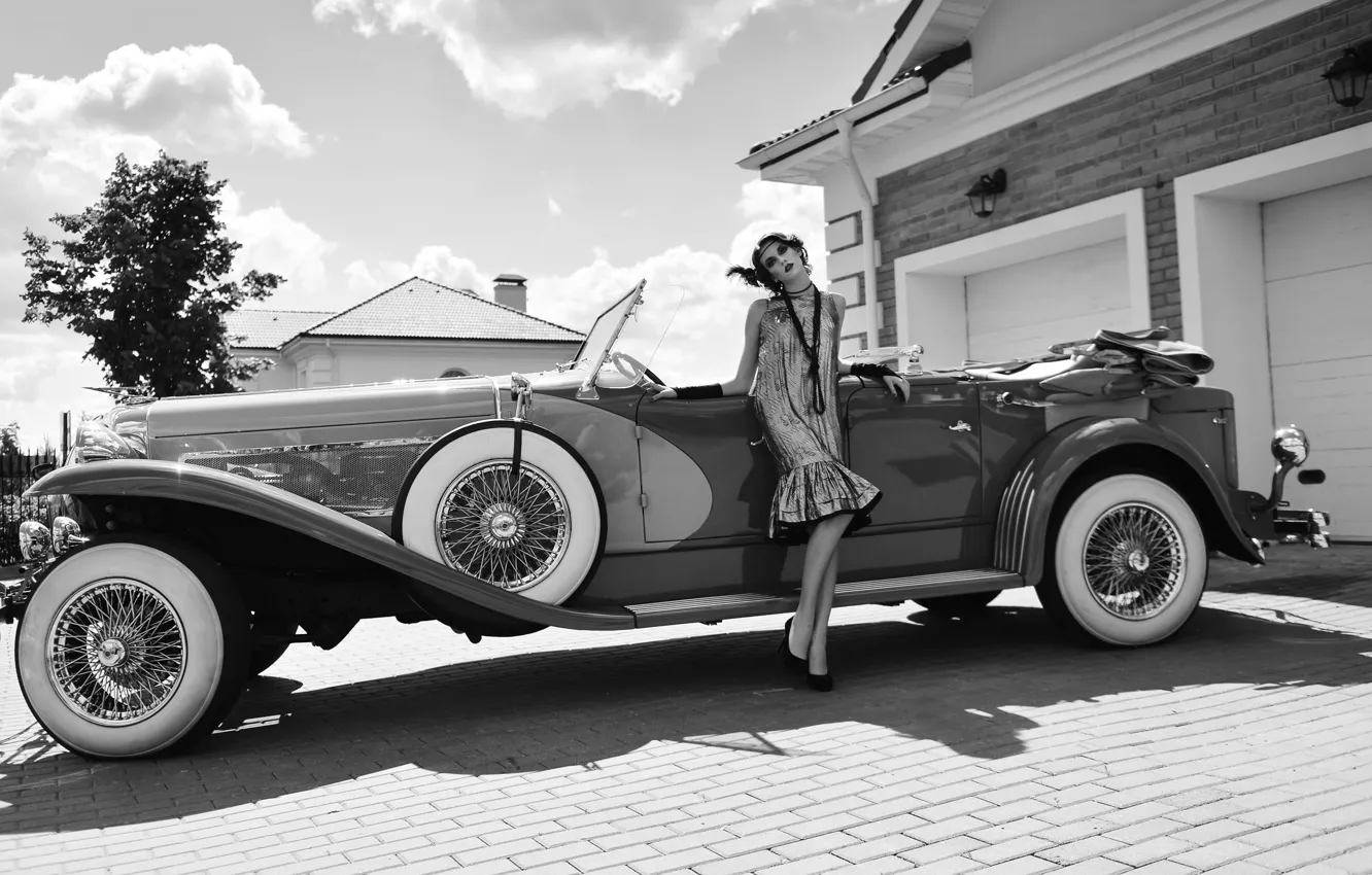 Фото обои девушка, ретро, автомобиль, классика
