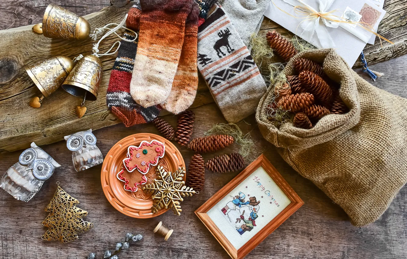 Фото обои украшения, елка, Новый Год, Рождество, happy, колокольчики, Christmas, vintage